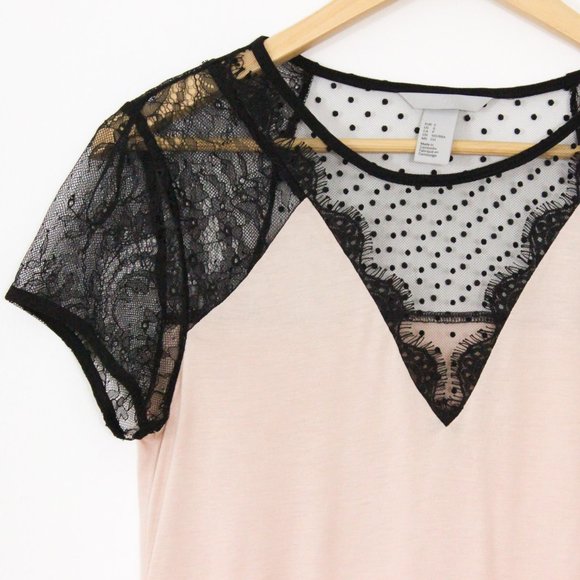 *H&M Blush Pink and Black Lace V Neck T Shirt Blouse - Picture 3 of 4